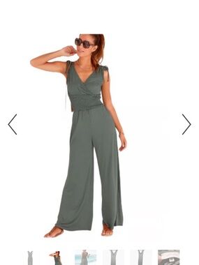 Sleeveless Olive Green Wide-Leg Jumpsuit with Smocked Waist